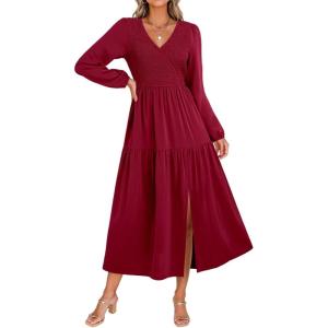 imageDokotoo Fall Dresses for Women 2025 Long Sleeve V Neck Smocked Empire Waist Ruffle Tiered Casual Split Maxi DressRed