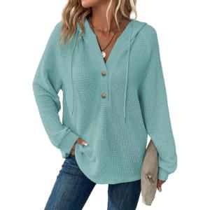 imageDokotoo Hoodies for Women Waffle Knit Long Sleeve Drawstring Button V Neck Casual Pullover Sweatshirt Hooded TopsAruba Blue