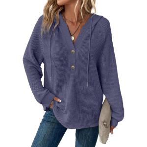 imageDokotoo Hoodies for Women Waffle Knit Long Sleeve Drawstring Button V Neck Casual Pullover Sweatshirt Hooded TopsWild Wind