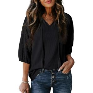 imageDokotoo Women Blouses Dressy Casual V Neck 34 Length Sleeve Womens Tops Fall Outfits 2025Black