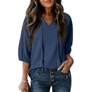 imageDokotoo Women Blouses Dressy Casual V Neck 34 Length Sleeve Womens Tops Fall Outfits 2025Dusk Blue