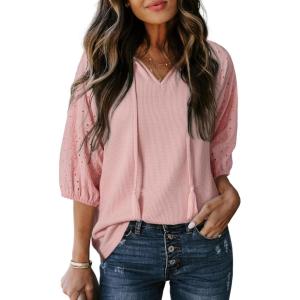 imageDokotoo Women Blouses Dressy Casual V Neck 34 Length Sleeve Womens Tops Fall Outfits 2025Gossamer Pink