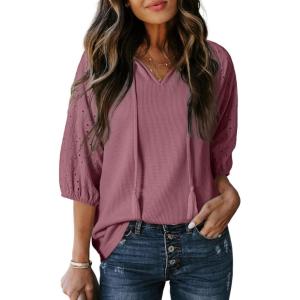 imageDokotoo Women Blouses Dressy Casual V Neck 34 Length Sleeve Womens Tops Fall Outfits 2025Rose Pink