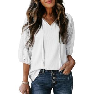 imageDokotoo Women Blouses Dressy Casual V Neck 34 Length Sleeve Womens Tops Fall Outfits 2025White
