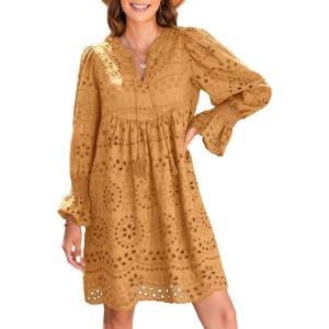 imageDokotoo Womens 2025 Boho Dress Tassel V Neck Long Sleeve A Line Casual Hollow Out Lace Ruffle Party DressesApricot