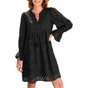 imageDokotoo Womens 2025 Boho Dress Tassel V Neck Long Sleeve A Line Casual Hollow Out Lace Ruffle Party DressesBlack