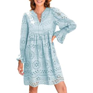 imageDokotoo Womens 2025 Boho Dress Tassel V Neck Long Sleeve A Line Casual Hollow Out Lace Ruffle Party DressesBlue