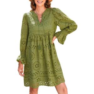 imageDokotoo Womens 2025 Boho Dress Tassel V Neck Long Sleeve A Line Casual Hollow Out Lace Ruffle Party DressesDark Green