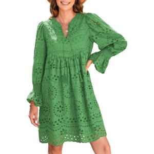 imageDokotoo Womens 2025 Boho Dress Tassel V Neck Long Sleeve A Line Casual Hollow Out Lace Ruffle Party DressesGreen