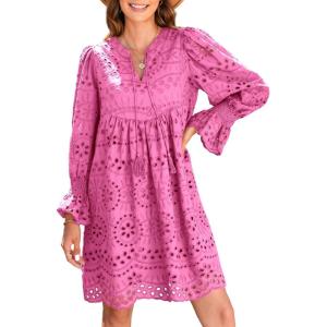 imageDokotoo Womens 2025 Boho Dress Tassel V Neck Long Sleeve A Line Casual Hollow Out Lace Ruffle Party DressesHot Pink