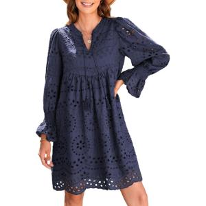 imageDokotoo Womens 2025 Boho Dress Tassel V Neck Long Sleeve A Line Casual Hollow Out Lace Ruffle Party DressesNavy Blue