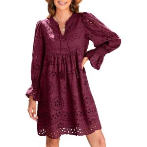 imageDokotoo Womens 2025 Boho Dress Tassel V Neck Long Sleeve A Line Casual Hollow Out Lace Ruffle Party DressesRed