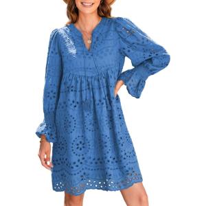 imageDokotoo Womens 2025 Boho Dress Tassel V Neck Long Sleeve A Line Casual Hollow Out Lace Ruffle Party DressesSky Blue