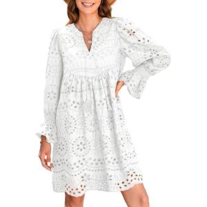 imageDokotoo Womens 2025 Boho Dress Tassel V Neck Long Sleeve A Line Casual Hollow Out Lace Ruffle Party DressesWhite