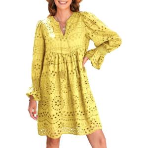 imageDokotoo Womens 2025 Boho Dress Tassel V Neck Long Sleeve A Line Casual Hollow Out Lace Ruffle Party DressesYellow