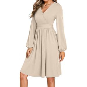 imageDokotoo Womens 2025 Fall Wrap VNeck Long Sleeve Empire Waist Dress Elegant Mini Dresses with PocketsApricot
