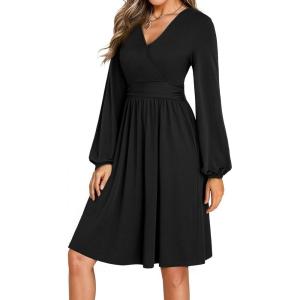 imageDokotoo Womens 2025 Fall Wrap VNeck Long Sleeve Empire Waist Dress Elegant Mini Dresses with PocketsBlack