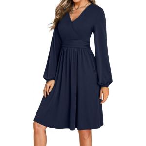 imageDokotoo Womens 2025 Fall Wrap VNeck Long Sleeve Empire Waist Dress Elegant Mini Dresses with PocketsNavy Blue
