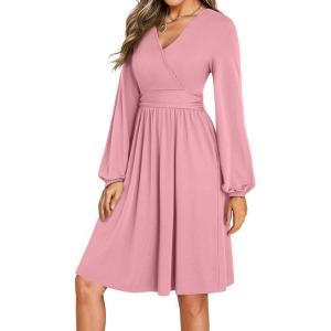 imageDokotoo Womens 2025 Fall Wrap VNeck Long Sleeve Empire Waist Dress Elegant Mini Dresses with PocketsPink