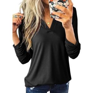 imageDokotoo Womens Basic Casual V Neck Plaid Print Cuffed Long Sleeve Work Tops Blouses Shirts S3XLZ Black