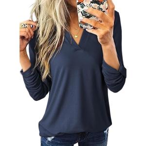 imageDokotoo Womens Basic Casual V Neck Plaid Print Cuffed Long Sleeve Work Tops Blouses Shirts S3XLZ Blue