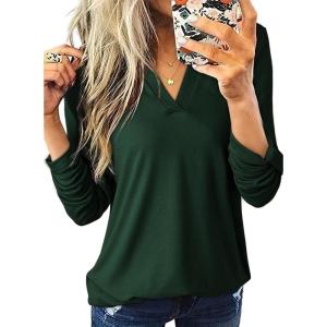 imageDokotoo Womens Basic Casual V Neck Plaid Print Cuffed Long Sleeve Work Tops Blouses Shirts S3XLZ Green