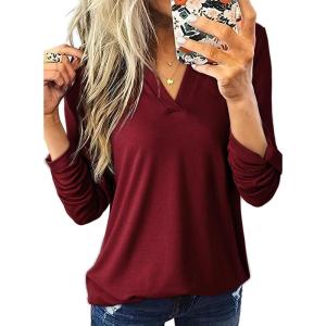 imageDokotoo Womens Basic Casual V Neck Plaid Print Cuffed Long Sleeve Work Tops Blouses Shirts S3XLZ Red