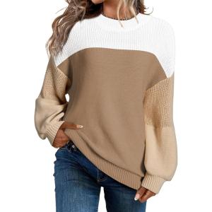 imageDokotoo Womens Casual Long Sleeve Sweaters Loose Crewneck Knit Solid Pullover Sweater Jumper TopsColorblock Brown