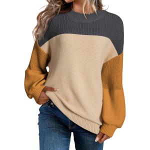 imageDokotoo Womens Casual Long Sleeve Sweaters Loose Crewneck Knit Solid Pullover Sweater Jumper TopsColorblock Khaki