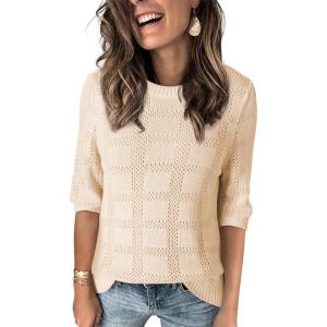 imageDokotoo Womens Casual Short Sleeve Loose Tunic Tops Lightweight Crochet Knit Summer Sweaters BlousesApricot