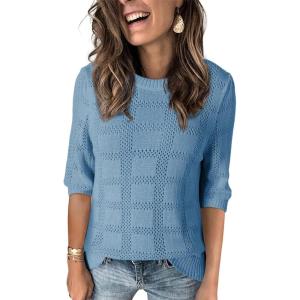 imageDokotoo Womens Casual Short Sleeve Loose Tunic Tops Lightweight Crochet Knit Summer Sweaters BlousesAshleigh Blue