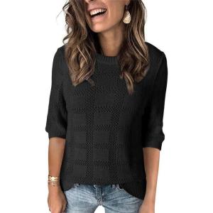 imageDokotoo Womens Casual Short Sleeve Loose Tunic Tops Lightweight Crochet Knit Summer Sweaters BlousesBlack