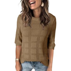 imageDokotoo Womens Casual Short Sleeve Loose Tunic Tops Lightweight Crochet Knit Summer Sweaters BlousesBrown