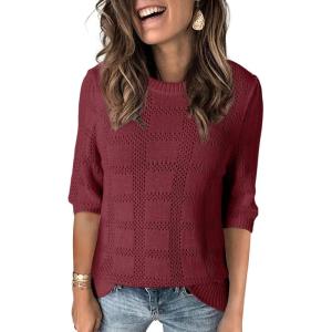imageDokotoo Womens Casual Short Sleeve Loose Tunic Tops Lightweight Crochet Knit Summer Sweaters BlousesBurgundy