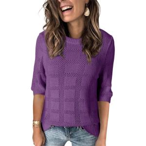 imageDokotoo Womens Casual Short Sleeve Loose Tunic Tops Lightweight Crochet Knit Summer Sweaters BlousesDark Purple