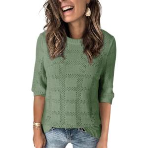 imageDokotoo Womens Casual Short Sleeve Loose Tunic Tops Lightweight Crochet Knit Summer Sweaters BlousesJungle Green