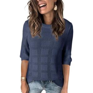 imageDokotoo Womens Casual Short Sleeve Loose Tunic Tops Lightweight Crochet Knit Summer Sweaters BlousesNavy Blue