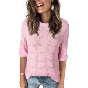 imageDokotoo Womens Casual Short Sleeve Loose Tunic Tops Lightweight Crochet Knit Summer Sweaters BlousesPink