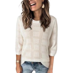 imageDokotoo Womens Casual Short Sleeve Loose Tunic Tops Lightweight Crochet Knit Summer Sweaters BlousesWhite