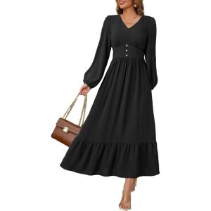 imageDokotoo Womens Dresses Fashion 2025 Long Sleeve V Neck Maxi Dresses Elegant Casual Flowy Tiered Boho Beach Vacation OutifitsBlack