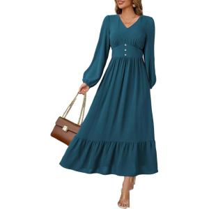imageDokotoo Womens Dresses Fashion 2025 Long Sleeve V Neck Maxi Dresses Elegant Casual Flowy Tiered Boho Beach Vacation OutifitsBlue