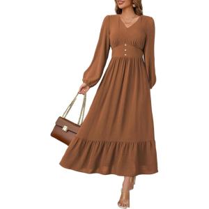 imageDokotoo Womens Dresses Fashion 2025 Long Sleeve V Neck Maxi Dresses Elegant Casual Flowy Tiered Boho Beach Vacation OutifitsBrown