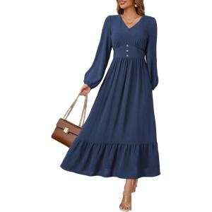 imageDokotoo Womens Dresses Fashion 2025 Long Sleeve V Neck Maxi Dresses Elegant Casual Flowy Tiered Boho Beach Vacation OutifitsDark Blue