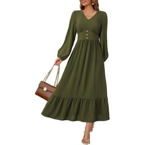 imageDokotoo Womens Dresses Fashion 2025 Long Sleeve V Neck Maxi Dresses Elegant Casual Flowy Tiered Boho Beach Vacation OutifitsGreen