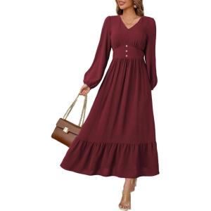imageDokotoo Womens Dresses Fashion 2025 Long Sleeve V Neck Maxi Dresses Elegant Casual Flowy Tiered Boho Beach Vacation OutifitsRed