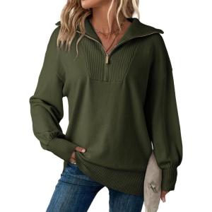 imageDokotoo Womens Oversized Sweatshirt Long Sleeve 14 Zip Pullover Polo VNeck Fall Sweaters for Women 2024Green