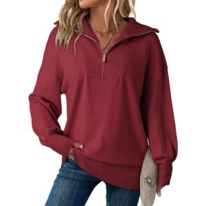 imageDokotoo Womens Oversized Sweatshirt Long Sleeve 14 Zip Pullover Polo VNeck Fall Sweaters for Women 2024Red