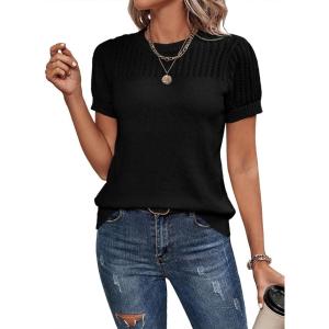 imageDokotoo Womens Summer Tops Dressy Casual Crewneck Short Sleeve Shirts Solid Hollow Out Knit Loose Sweater BlousesBlack