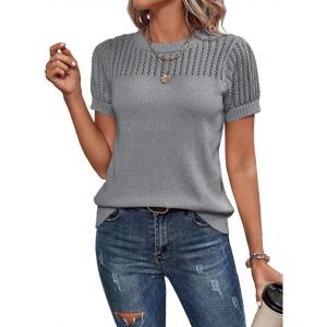 imageDokotoo Womens Summer Tops Dressy Casual Crewneck Short Sleeve Shirts Solid Hollow Out Knit Loose Sweater BlousesGrey