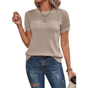 imageDokotoo Womens Summer Tops Dressy Casual Crewneck Short Sleeve Shirts Solid Hollow Out Knit Loose Sweater BlousesKhaki